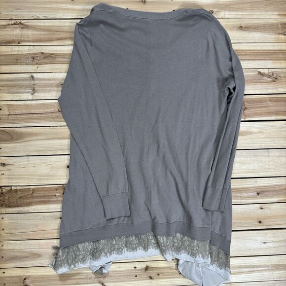 LOGO Gray Cashmere Blend Lace Trim Cardigan Sweater Size L Lagenlook Cabincore - Picture 2 of 8